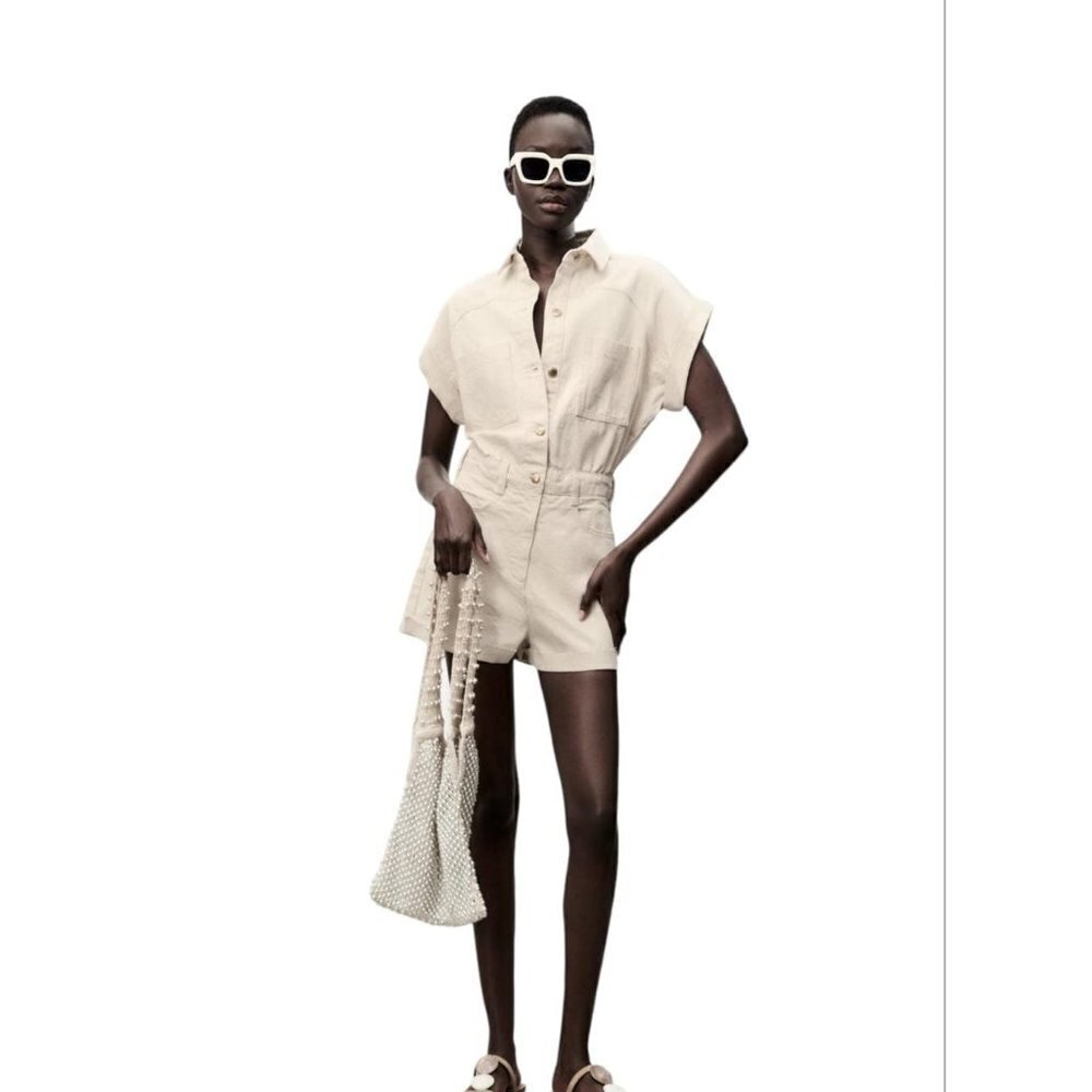 ZARA DENIM PLAYSUIT BEIGE SIZE S 4979/036/712